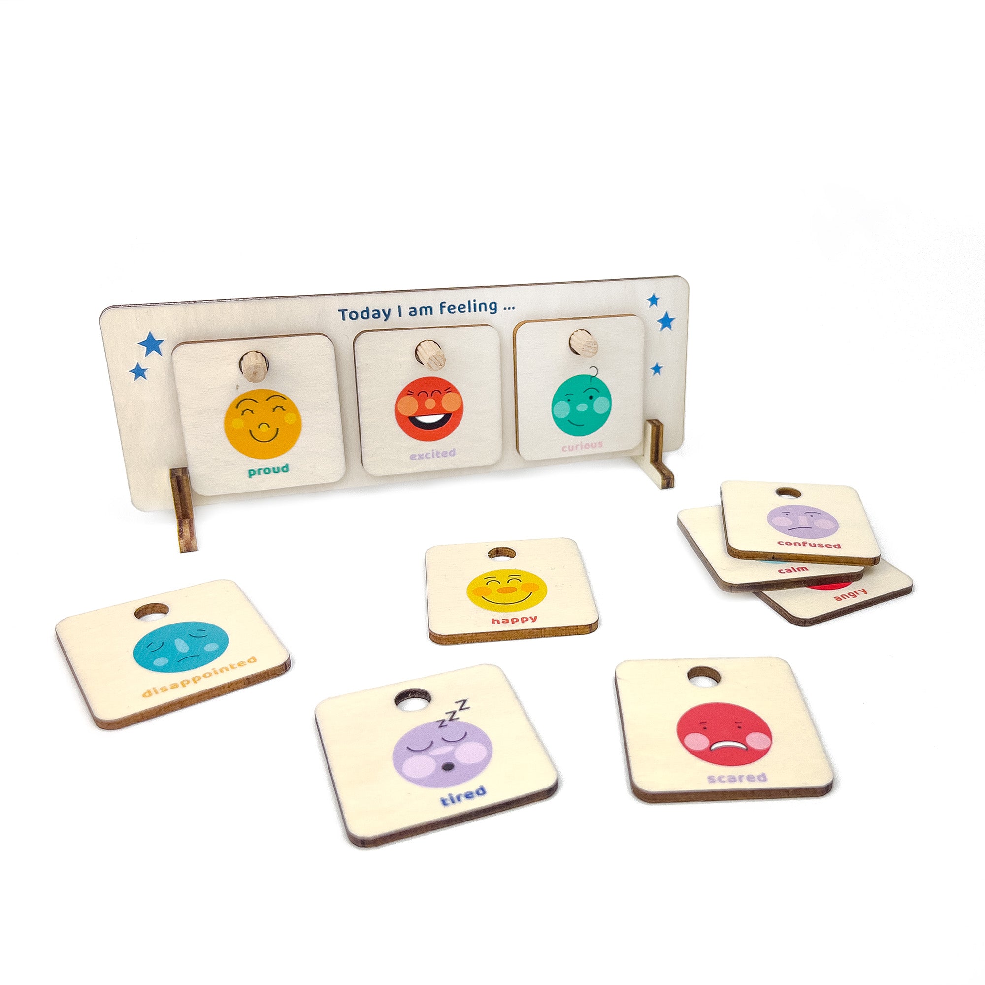 Feelings chart with "proud," "excited," and "curious" tokens, surrounded by other emotion tiles.