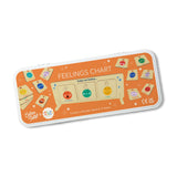 Orange tin packaging for feelings chart, showing the wooden stand and emotion tokens.