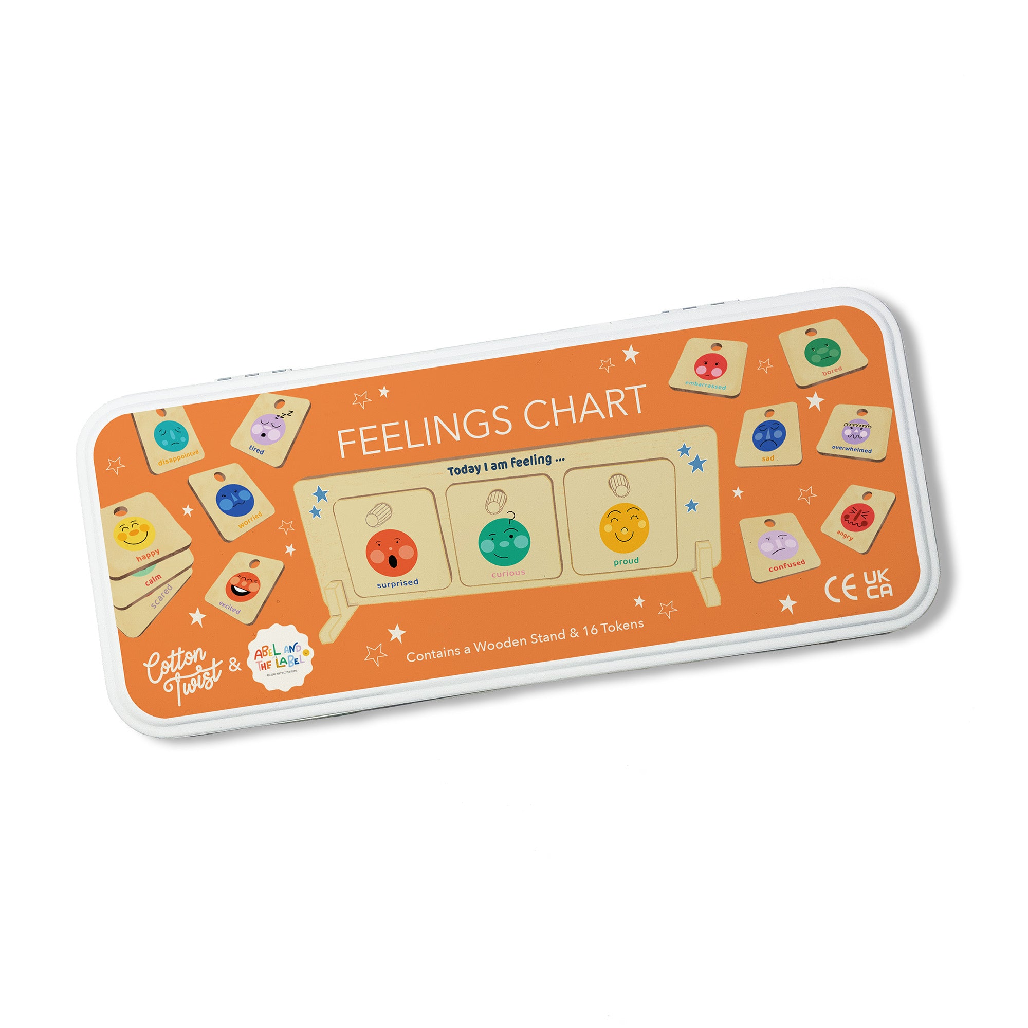 Orange tin packaging for feelings chart, showing the wooden stand and emotion tokens.