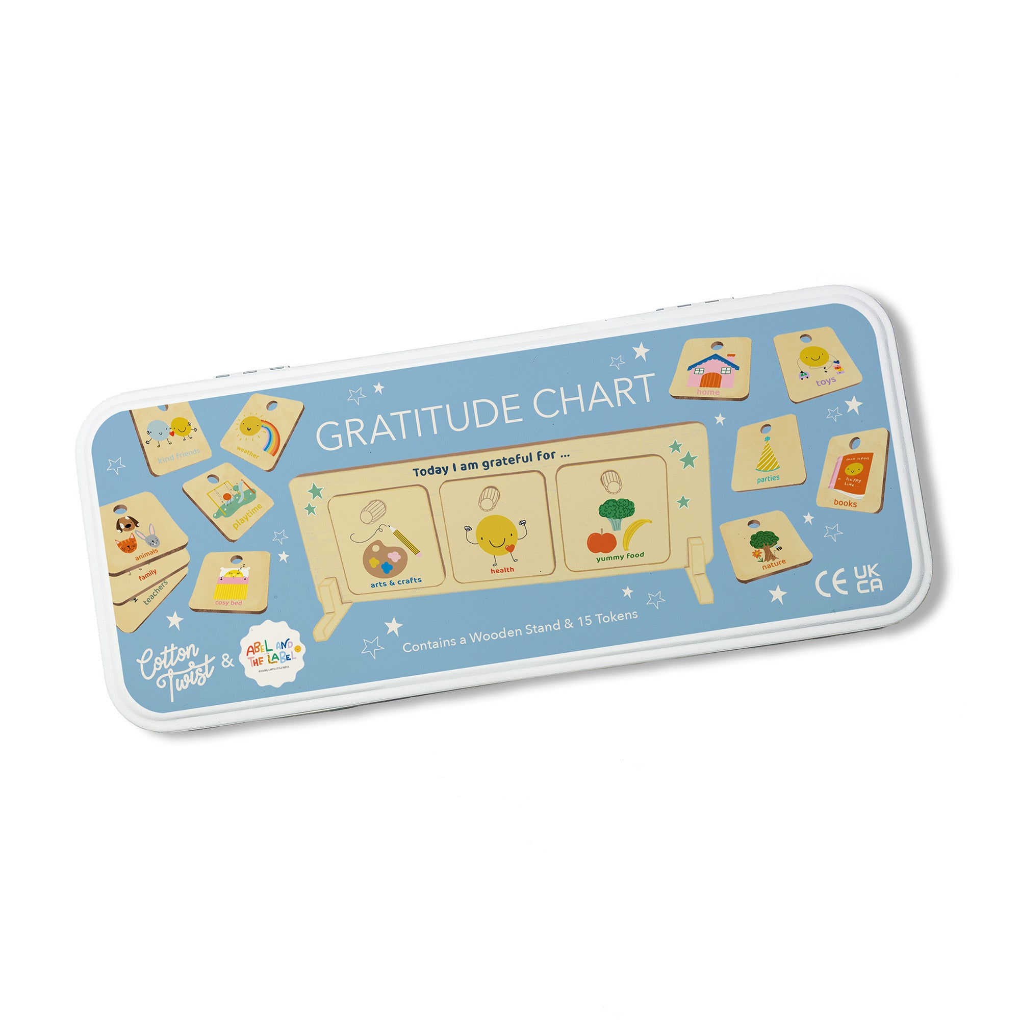 Gratitude Chart tin with illustrated wooden tokens and a display stand, shown on a white background.