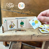 Child selecting a wooden gratitude token to place on a “Today I am grateful for…” chart with colourful illustrations.