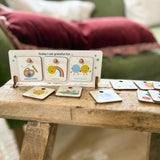 Wooden gratitude chart with three tokens slotted in and additional illustrated tokens displayed around it.