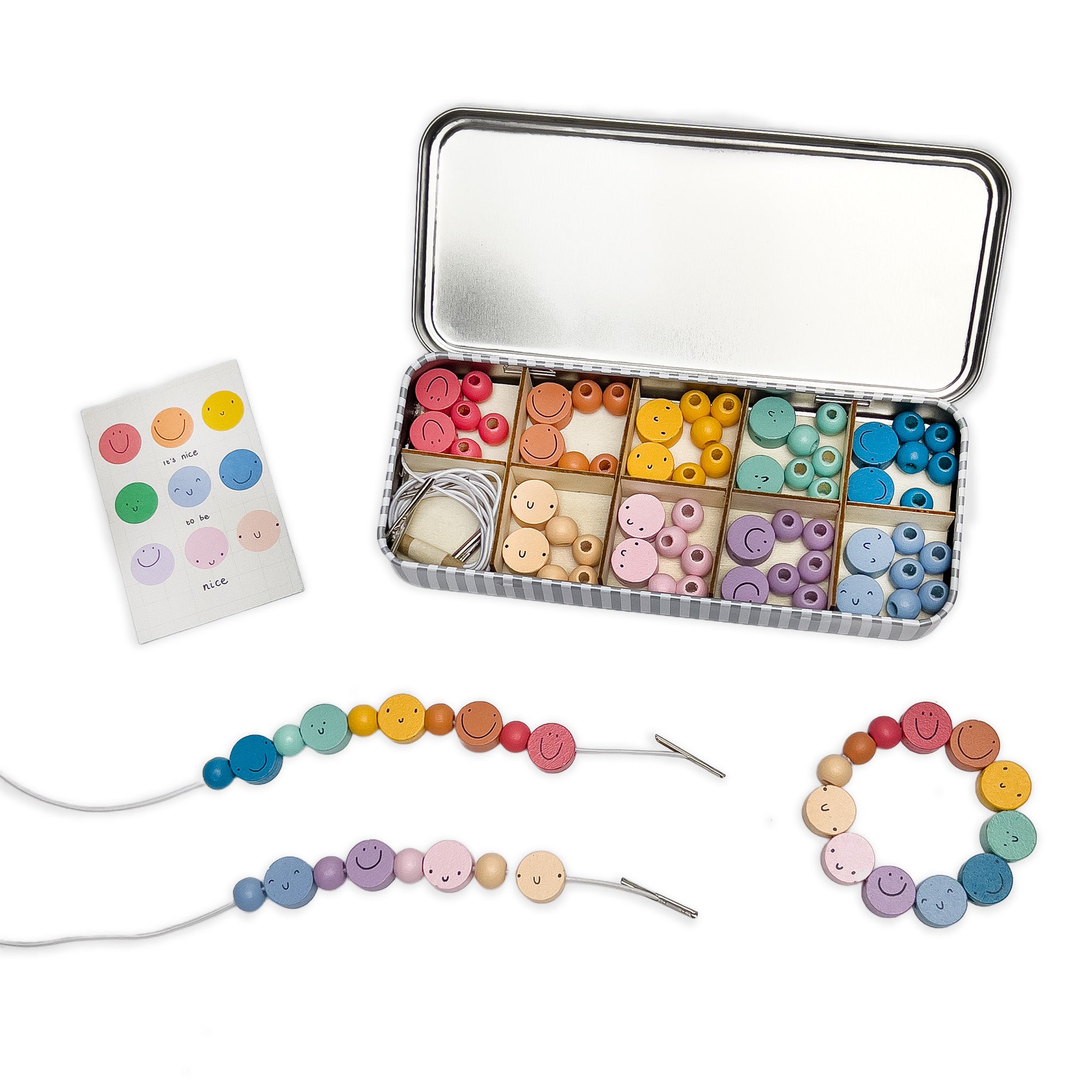 Half completed bracelets made from the kit, showcasing vibrant beads and smiley face charms.