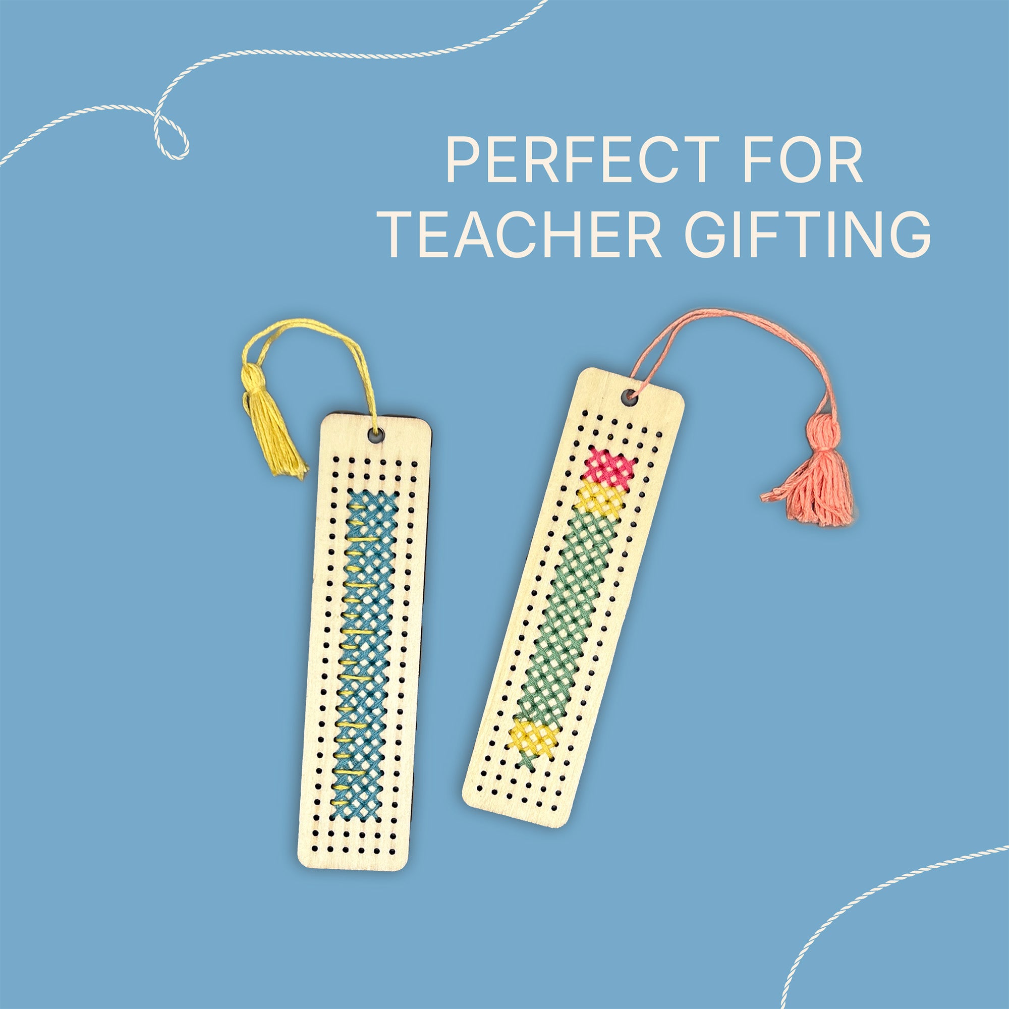 2 finished wooden bookmarks with stitched patterns depicting a ruler and a pencil, with colourful tassels attached. Text says "perfect for teacher gifting"