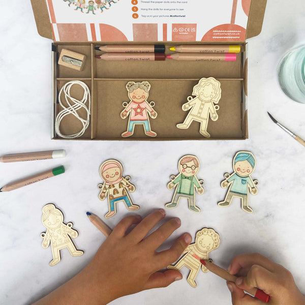 wooden paper dolls garland craft kit - sustainable craft kit - cotton  twist