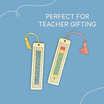 2 finished wooden bookmarks with stitched patterns depicting a ruler and a pencil, with colourful tassels attached. Text says "perfect for teacher gifting"