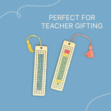 2 finished wooden bookmarks with stitched patterns depicting a ruler and a pencil, with colourful tassels attached. Text says "perfect for teacher gifting"