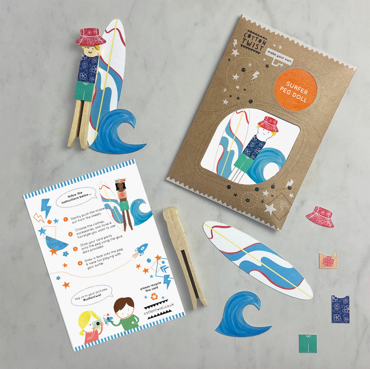 make your own surfer peg doll - sustainable craft kit - cotton twist